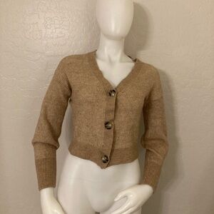 Quince Wool Blend Cropped Fitted Ribbed Cardigan Oatmeal Medium
